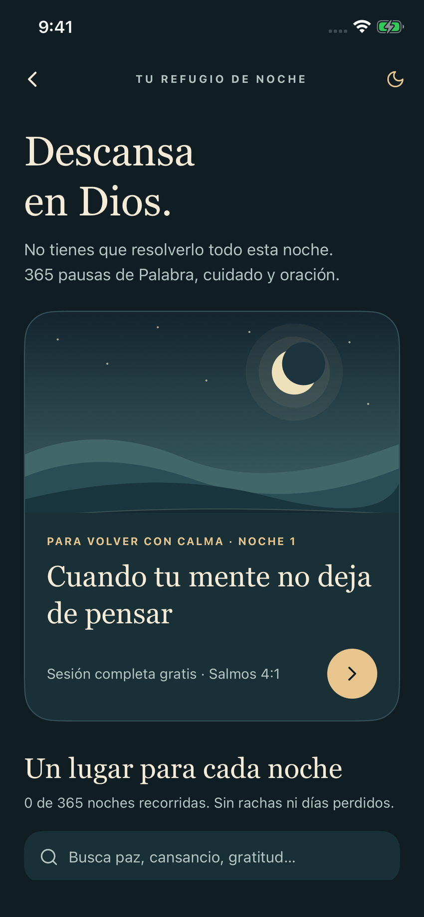 Pantalla real de Descansa en Dios: Cuando tu mente no deja de pensar, Noche 1 completa gratis