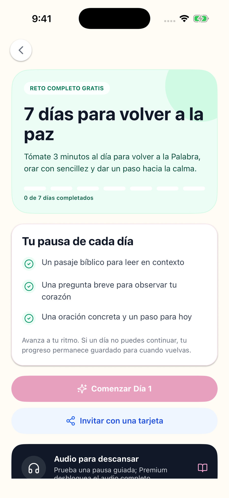 Pantalla real del reto 7 días para volver a la paz, con los siete días gratuitos
