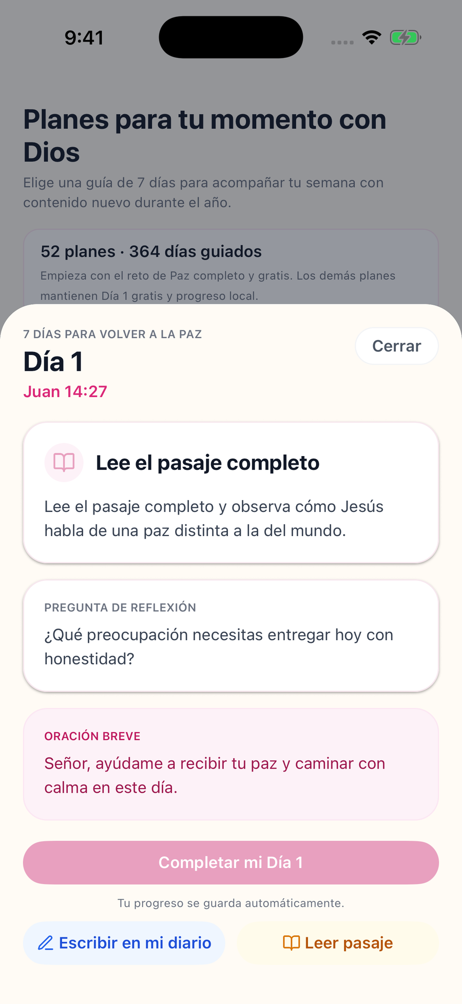 Día 1 del reto con lectura, reflexión y oración